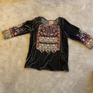 Johnny Was dark grey velvet gathered crew neck top XS